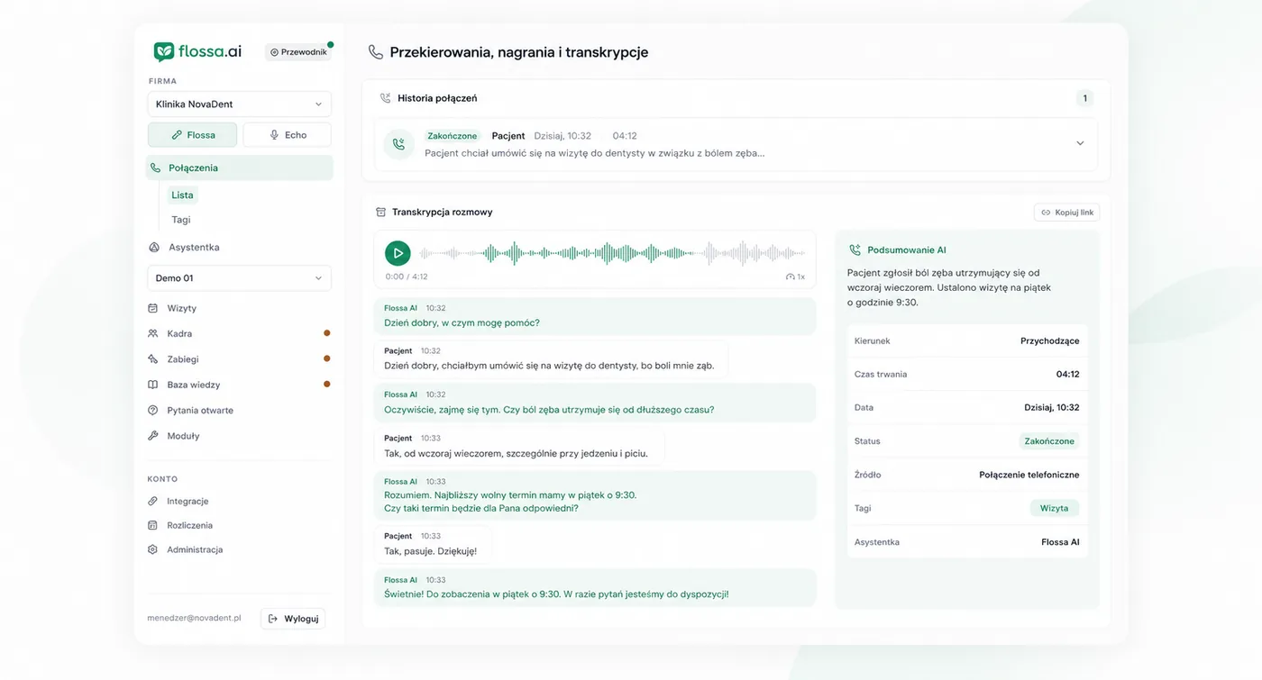 Panel Menedżerski Flossa z historią rozmów, transkrypcją i podsumowaniem AI